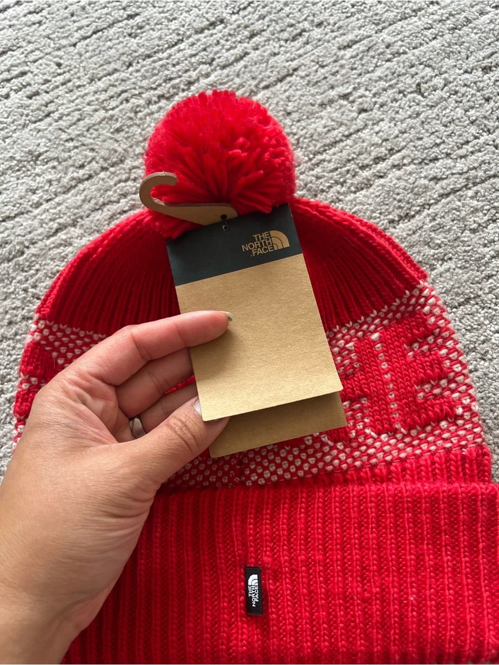 The North Face Retro Cabin Beanie, Red and White